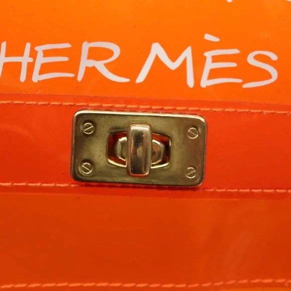 HERMES Vinyl Kelly Hand Bag Vinyl Orange and Hermes scarf tie guide booklet - Picture 9 of 11